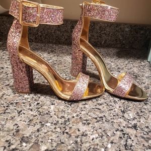 Rose gold sparkle chunky heel sandals